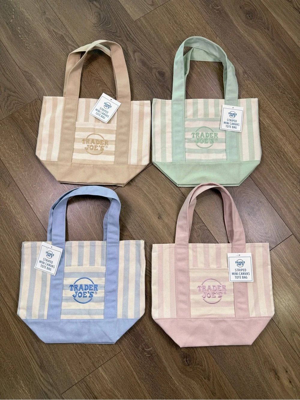 NWT Trader Joe’s Striped Mini Canvas Tote Bags Set of 4 Pastel Colors Spring